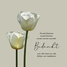 Rouwkaart bedankt met twee witte tulpen