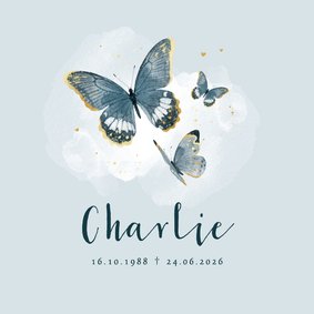 Rouwkaart vlinders waterverf blauw goud stijlvol 