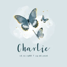 Rouwkaart vlinders waterverf blauw goud stijlvol 