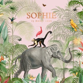 Roze jungle geboortekaartjes met olifant koperfolie