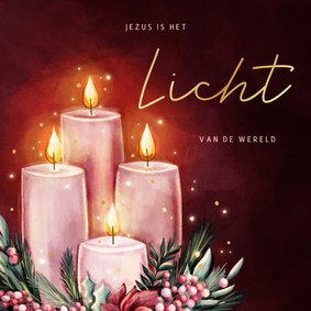 Roze kerstkaart Jezus is het Licht met vier adventskaarsen 