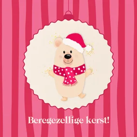 Roze kerstkaart met kerst beertje roze strepen