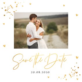 Save the Date eigen foto confetti goudlook