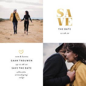 Save the date kaart gouden accenten met foto's vierkant