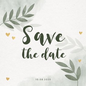 Save the date kaart groen waterverf takjes gouden hartjes