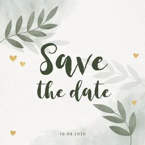 Save the date kaart groen waterverf takjes gouden hartjes