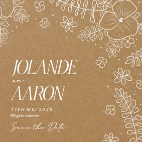 Save the date kaart in kraftlook met witte bloemen