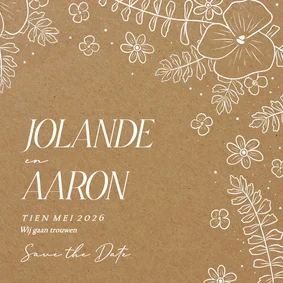 Save the date kaart in kraftlook met witte bloemen