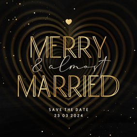 Save the date kaart Merry & Married met hart op achtergrond