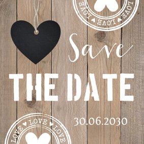 Save the Date kaart typografie hartje houtlook