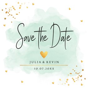 Save the Date kaart waterverf mintgroen goudlook hartjes