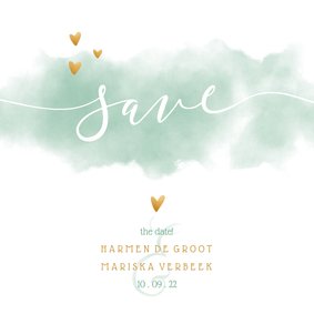 Save the date kaart 'YES' met waterverf en gouden hartjes