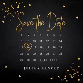 Save the Date kaart zwart goudlook met kalender uitnodiging