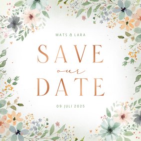 Save the date kader met bloemetjes waterverf zachte kleuren