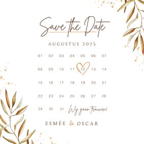 Save the date kalender uitnodigingskaart goud takje