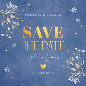 Save the Date kerstkaart blauw botanisch goudlook