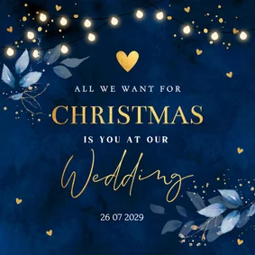 Save the Date kerstkaart blauw botanisch goudlook