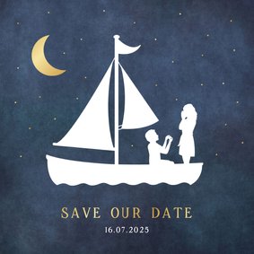 Save the Date trouwkaart - silhouet van aanzoek in zeilboot 