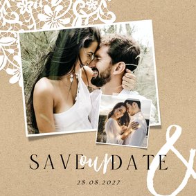 Save the date trouwkaart stijlvol vintage kraft kant foto's