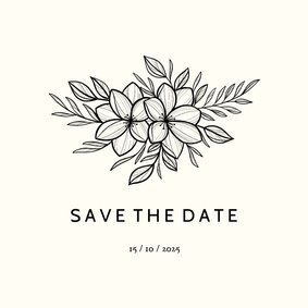 Save the date zwarte lijntekening van bloemen aanpasbaar