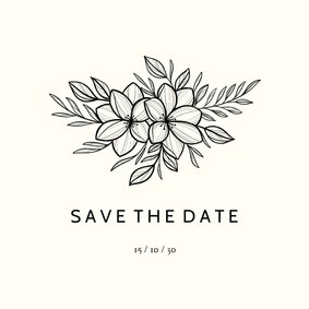 Save the date zwarte lijntekening van bloemen aanpasbaar