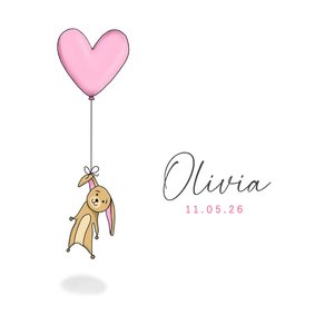Schattig geboortekaartje voor meisjes met konijn aan ballon