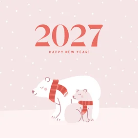 Schattige roze nieuwjaarskaart met ijsbeertjes in de sneeuw