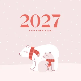 Schattige roze nieuwjaarskaart met ijsbeertjes in de sneeuw
