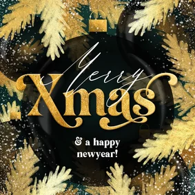 Sfeervolle kerstkaart merry xmas kerstballen takken goud