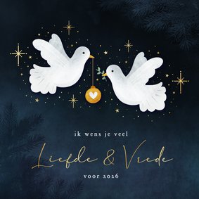 Sfeervolle nieuwjaarskaart vrede en liefde met 2 duifjes
