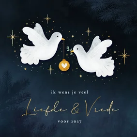 Sfeervolle nieuwjaarskaart vrede en liefde met 2 duifjes