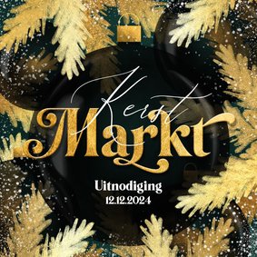 Sfeervolle uitnodiging kerstmarkt botanisch goud kerstbal