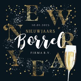 Sfeervolle uitnodiging nieuwjaarsborrel champagneglas