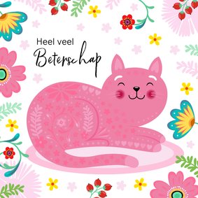 Sierlijke beterschapskaart kat bloemen en planten