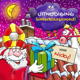 Sinterklaas met paard en Piet in de wolken op het dak