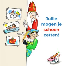 Sinterklaaskaart achter de deur staan Sint en Piet 