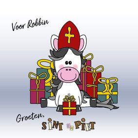 Sinterklaaskaart lief paardje met een mijter en cadeaus