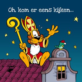 Sinterklaaskaart Loeki als Sinterklaas zit op het dak