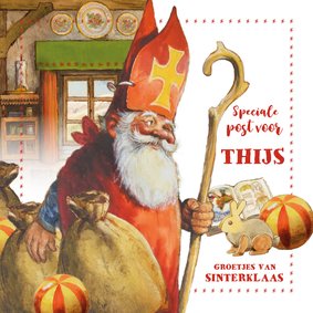 Sinterklaaskaart met de kaboutersint die op bezoek komt