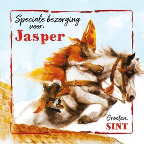 Sinterklaaskaart met Sint en Ozosnel in sprint op het dak