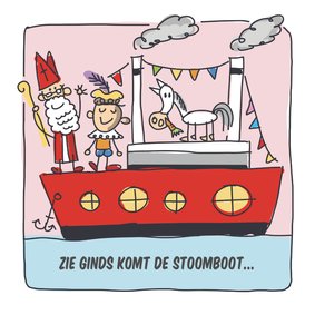 Sinterklaaskaart met stoomboot en sint en piet