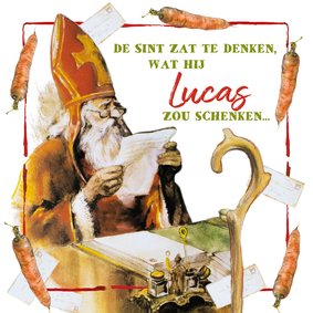 Sinterklaaskaart waar de Sint alle verlanglijstjes bekijkt