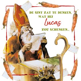 Sinterklaaskaart waar de Sint alle verlanglijstjes bekijkt