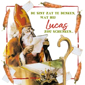 Sinterklaaskaart waar de Sint alle verlanglijstjes bekijkt