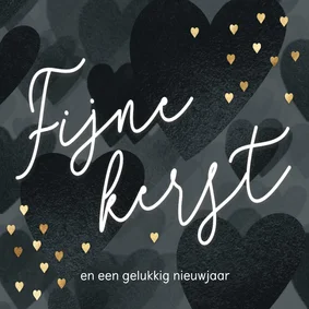 Sjiek kerstkaartje met lieve hartjes zwart wit goud