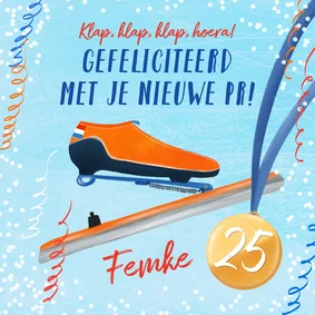 Sportieve verjaardagskaart met klapschaats en medaille