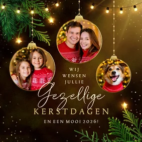 Sprankelende kerstkaart fotocollage kerstballen en lichtjes