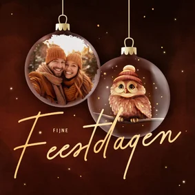 Sprankelende kerstkaart kerstballen met foto en uil op takje