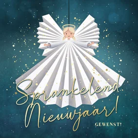Sprankelende nieuwjaarskaart met lieve engel en glitters