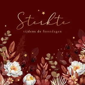 Sterkte kerstkaart bloemen gouden sterretjes feestdagen